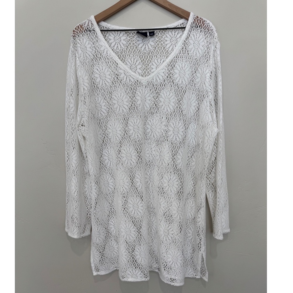 Sonoma White Floral Crochet Open Knit Tunic V-Neck Cover Up XXL Festival Resort